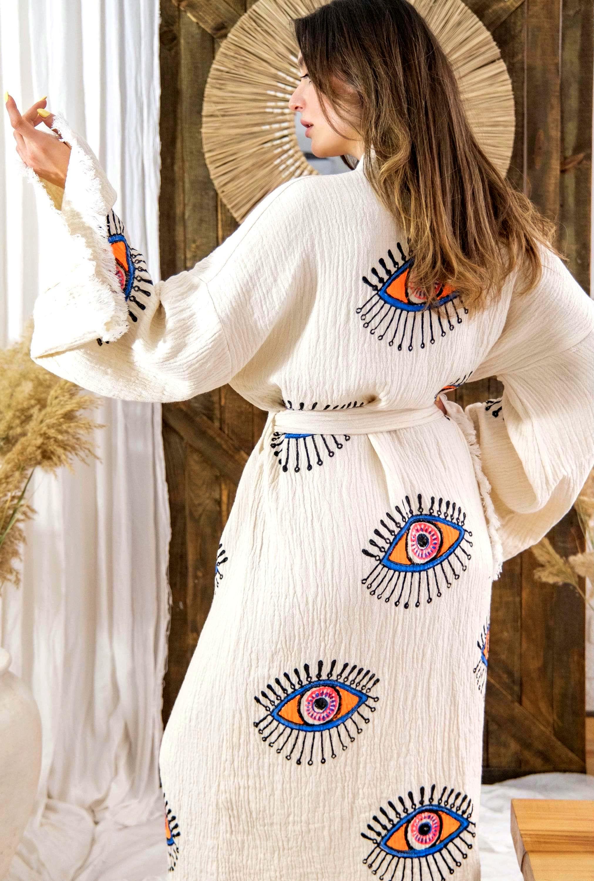 Extra Soft Handmade Evil Eye Cotton Muslin Kimono Robe-Classic