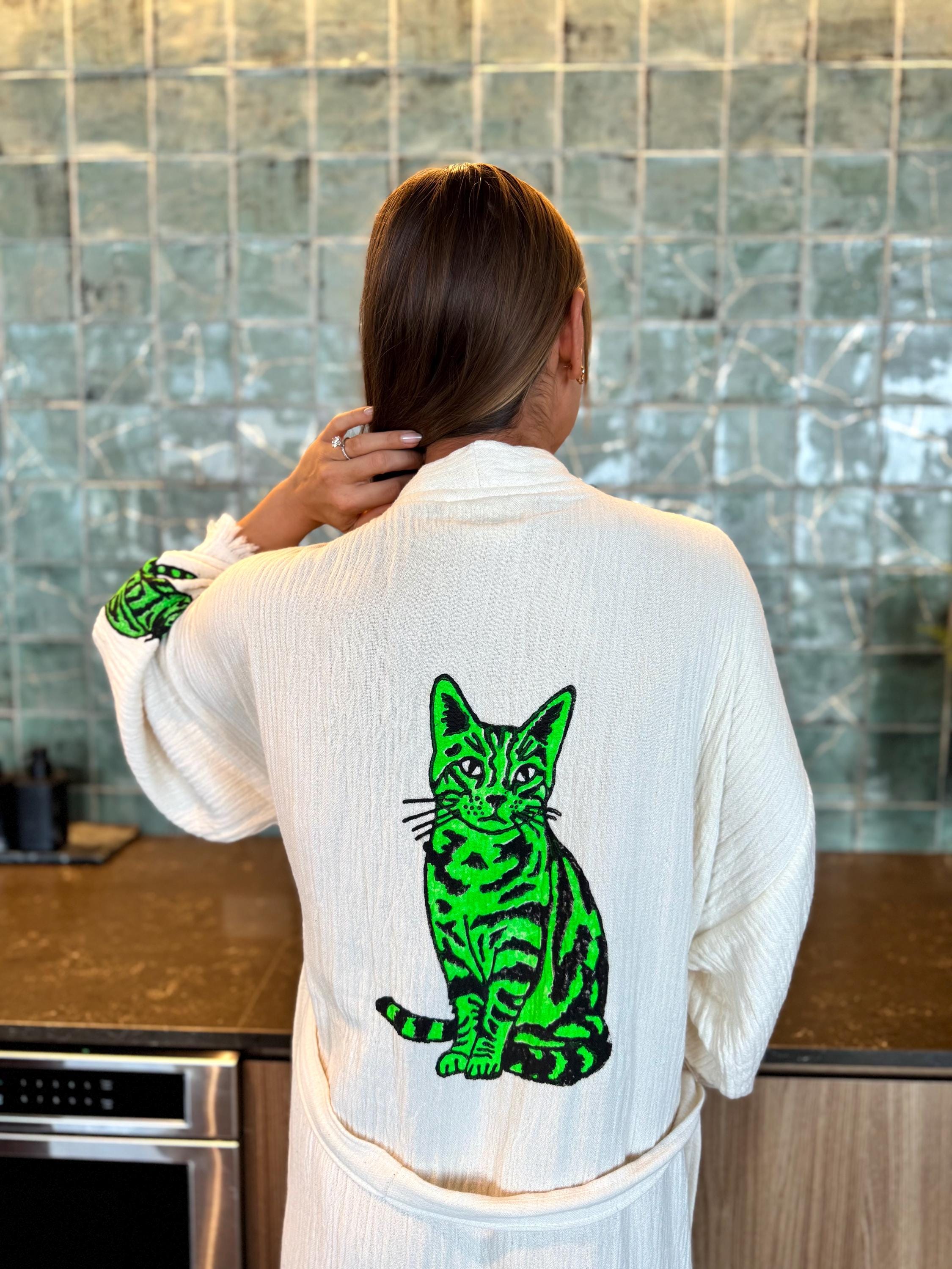 Organic Cotton Boho Kimono Hand-Painted Cat Robe