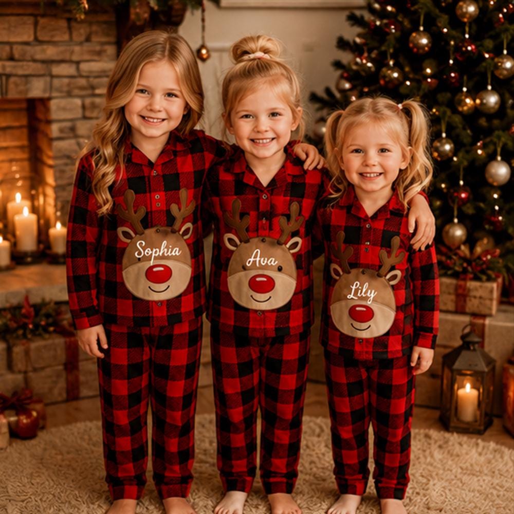 Family Christmas Pajamas, Custom Reindeer Name Plaid Pajama Set Buffalo Plaid PJs, Baby Romper