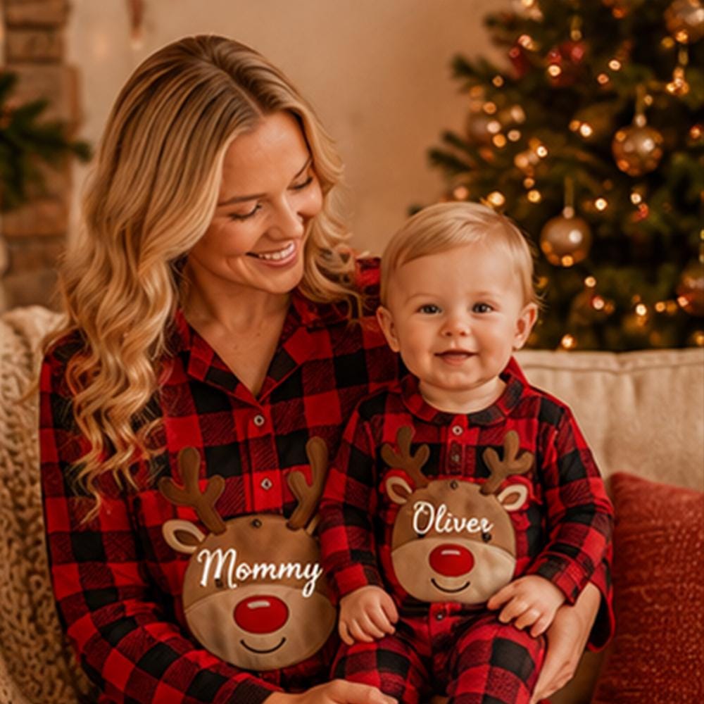 Family Christmas Pajamas, Custom Reindeer Name Plaid Pajama Set Buffalo Plaid PJs, Baby Romper