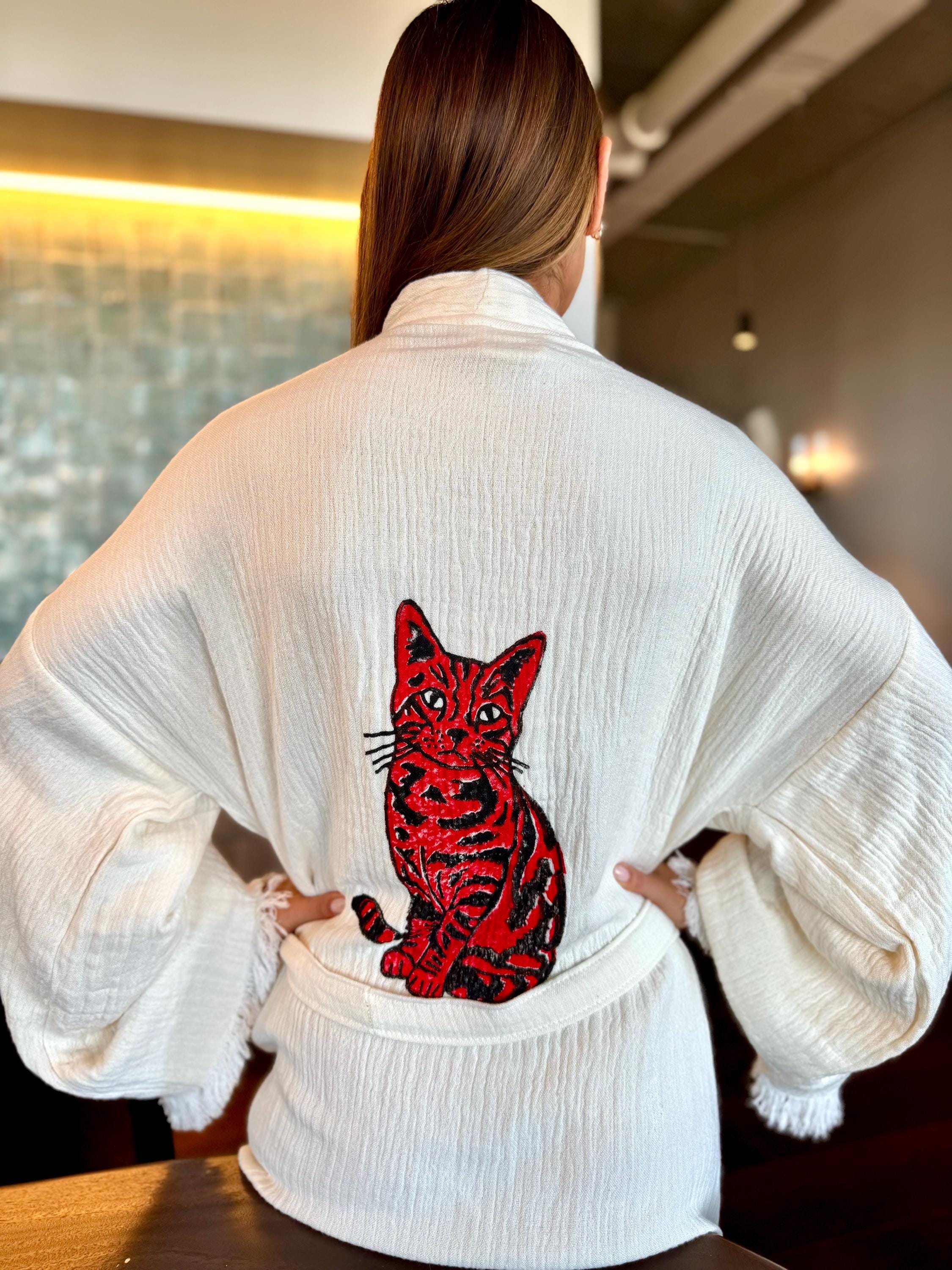 Organic Cotton Boho Kimono Hand-Painted Cat Robe