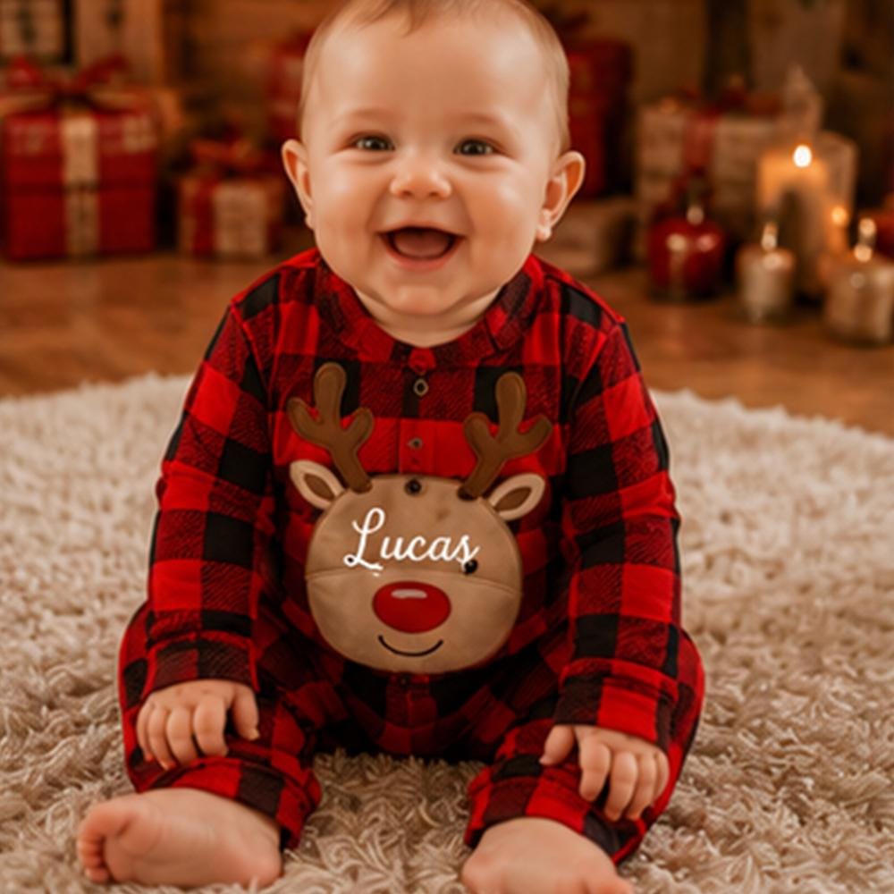 Family Christmas Pajamas, Custom Reindeer Name Plaid Pajama Set Buffalo Plaid PJs, Baby Romper