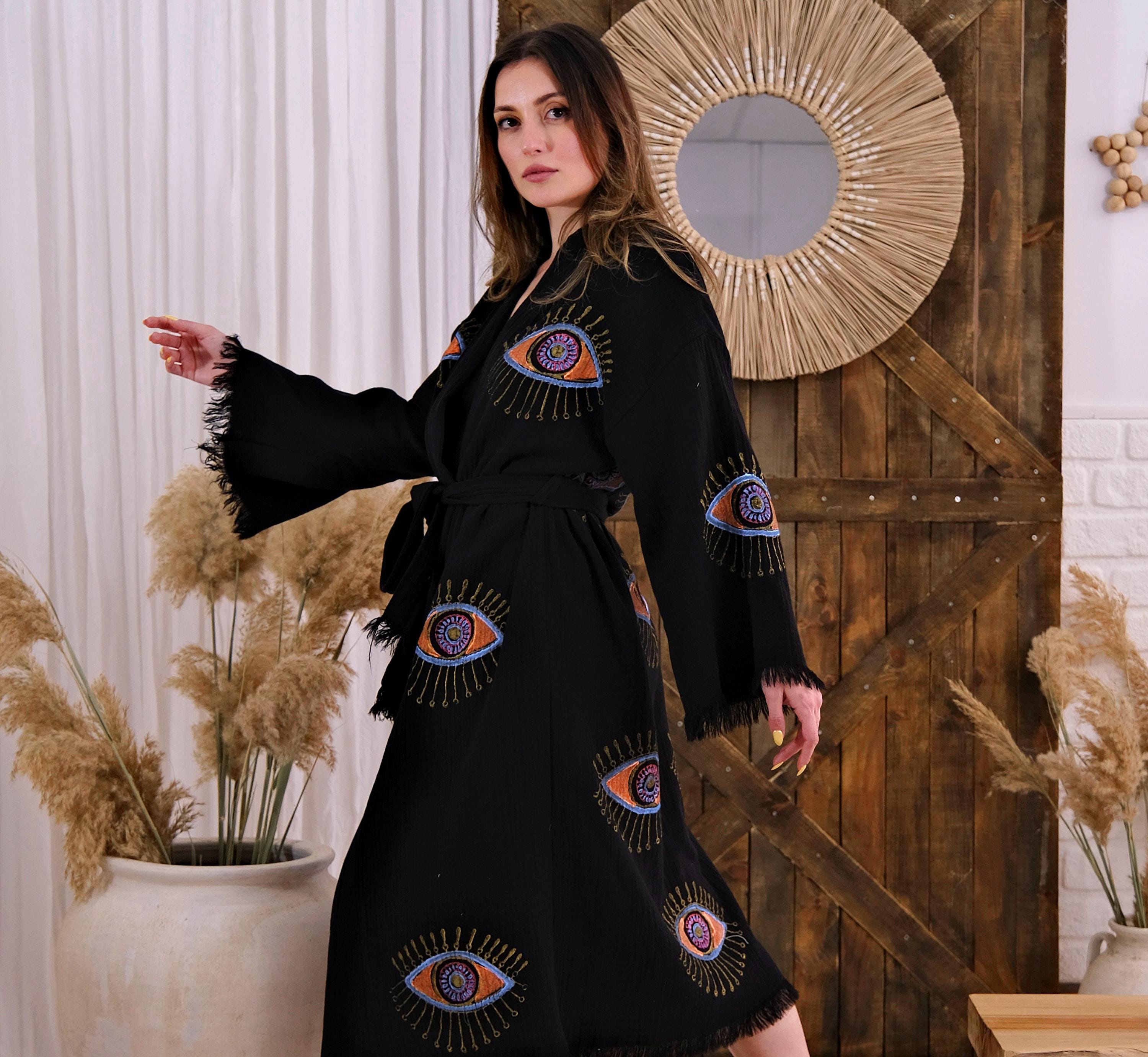 Evil Eye Muslin Cotton Kimono Robe-Colorful