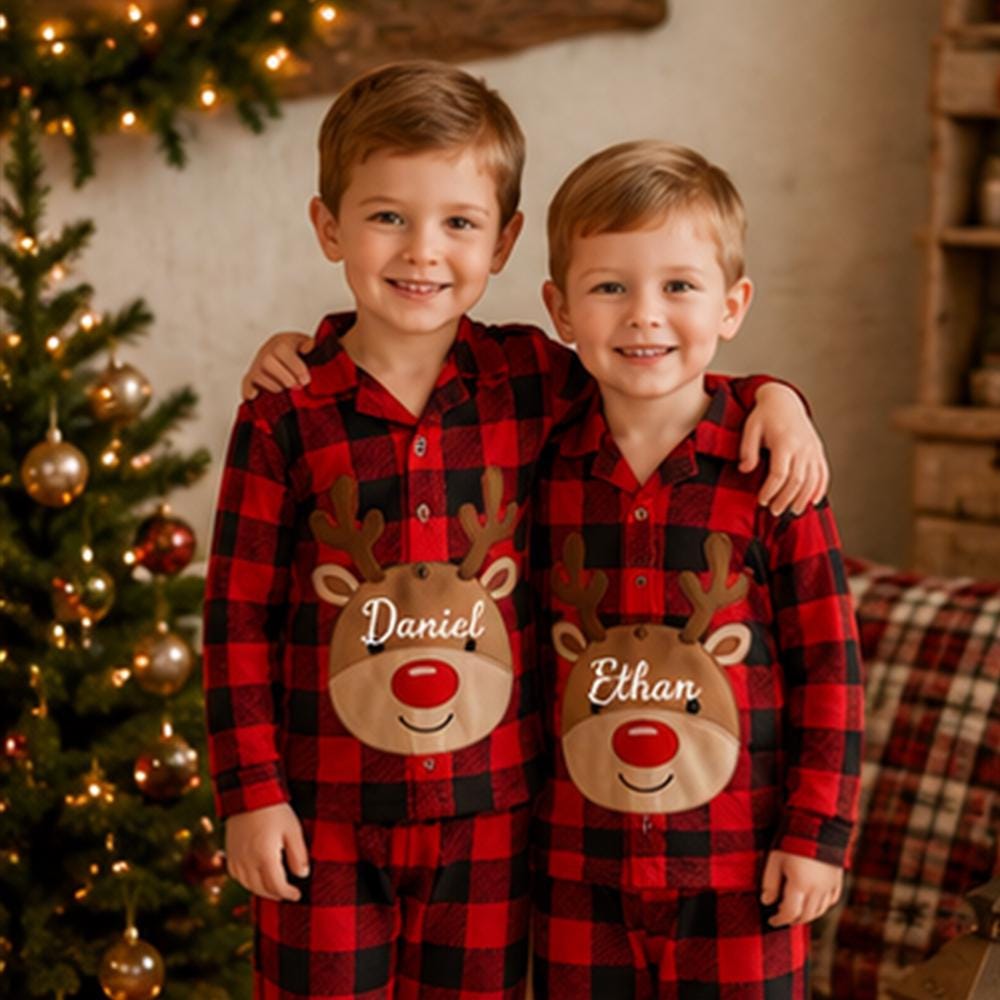 Family Christmas Pajamas, Custom Reindeer Name Plaid Pajama Set Buffalo Plaid PJs, Baby Romper