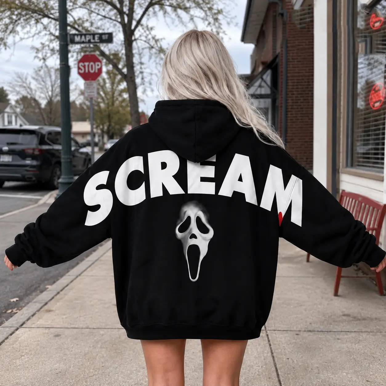 Retro 90's Funny Ghostface Scream Shoulder-to-Shoulder Back Lettering Sweatshirt Hoodie