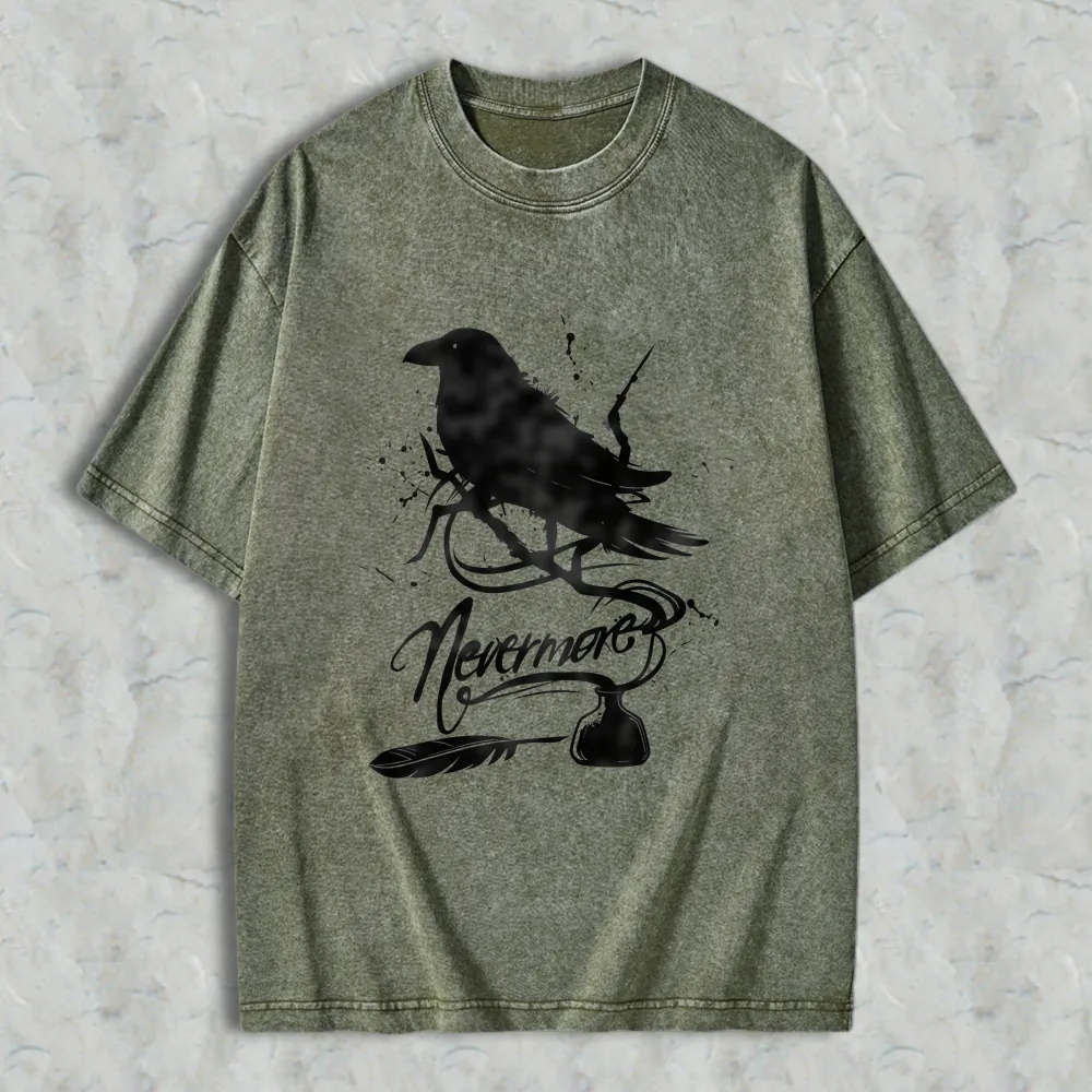 Raven Nevermore Poem Bird Feather Inkwell Unisex Washed T-shirt