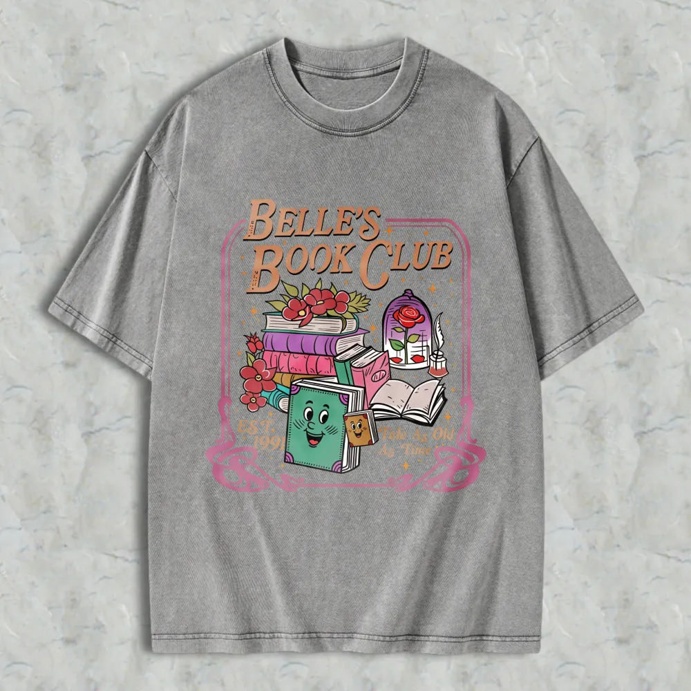 Belle Book Club Tale As Old As Time Books And Roses Design Unisex Washed T-shirt