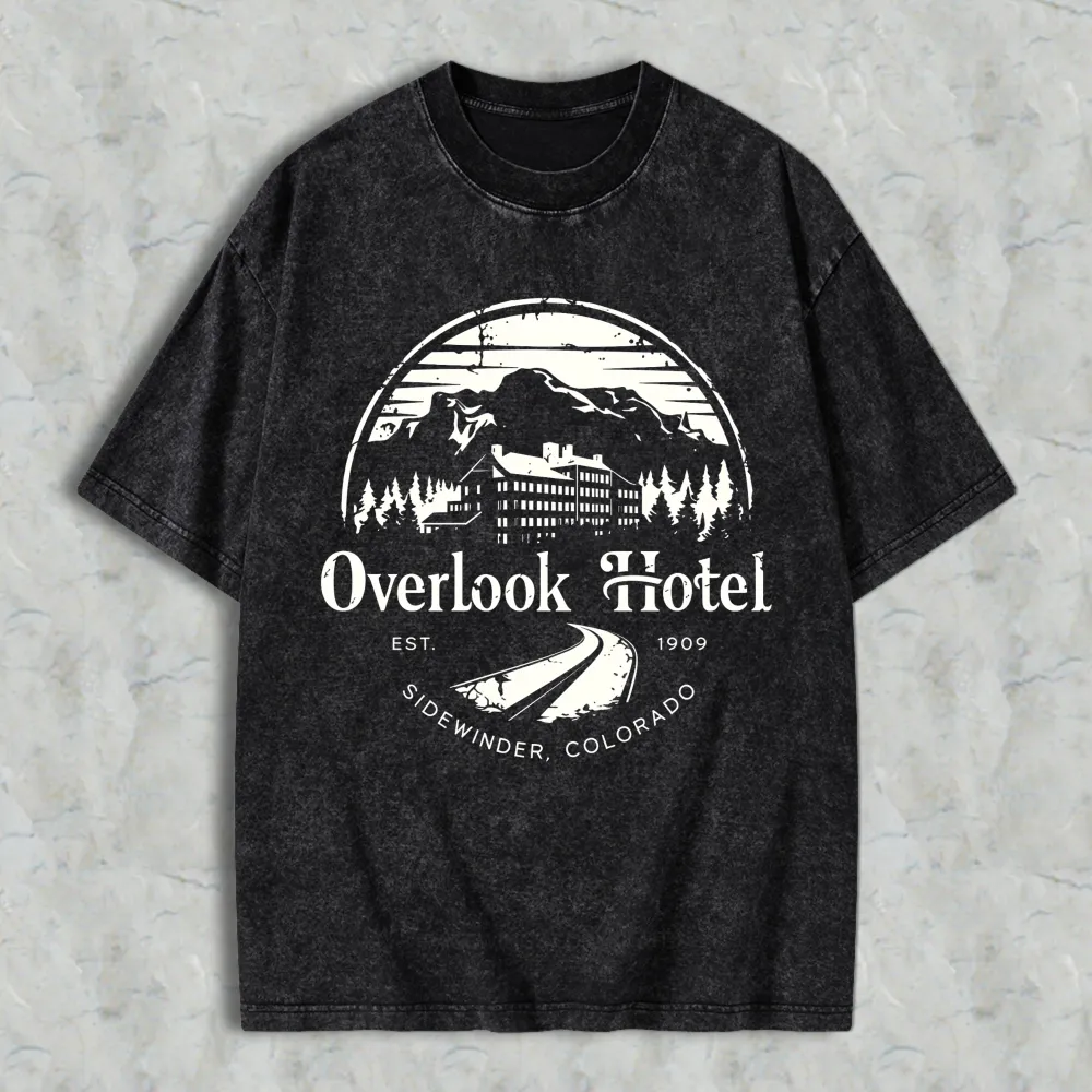 Overlook Hotel Mountain Scene With Trees And Building Design Unisex Washed T-shirt