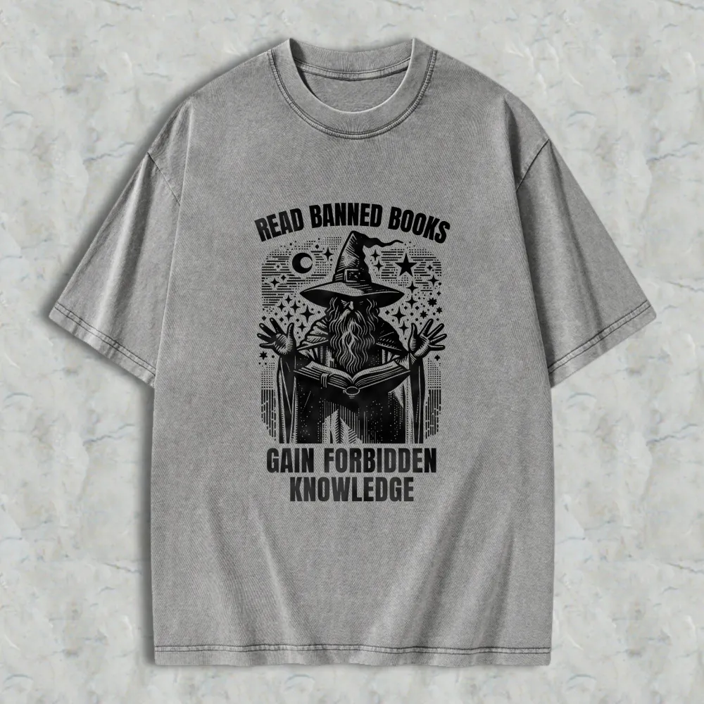 Read Banned Books Gain Forbidden Knowledge Wizard With Open Book And Stars Unisex Washed T-shirt