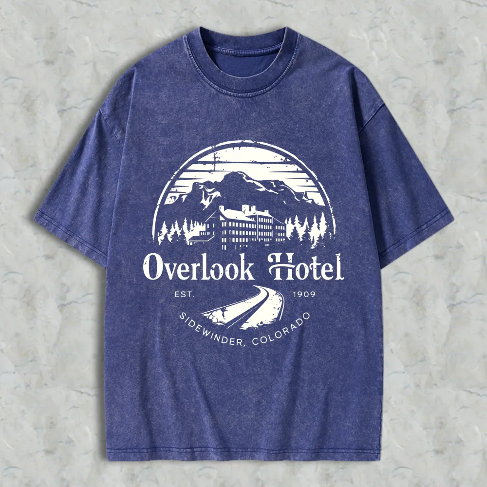 Overlook Hotel Mountain Scene With Trees And Building Design Unisex Washed T-shirt