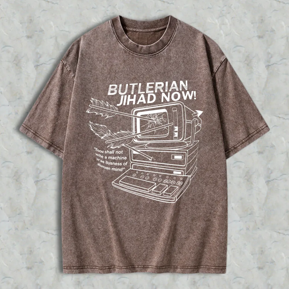 Butlerian Jihad Now Computer With Arrow Through Screen And Quote Unisex Washed T-shirt