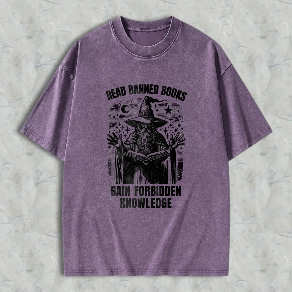 Read Banned Books Gain Forbidden Knowledge Wizard With Open Book And Stars Unisex Washed T-shirt