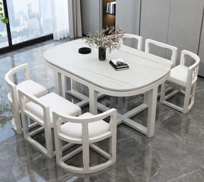 Mesa de comedor de lujo, decoración de comedor, mesa grande de cerámica blanca, mesa de comedor deslizante y juego de sillas.
