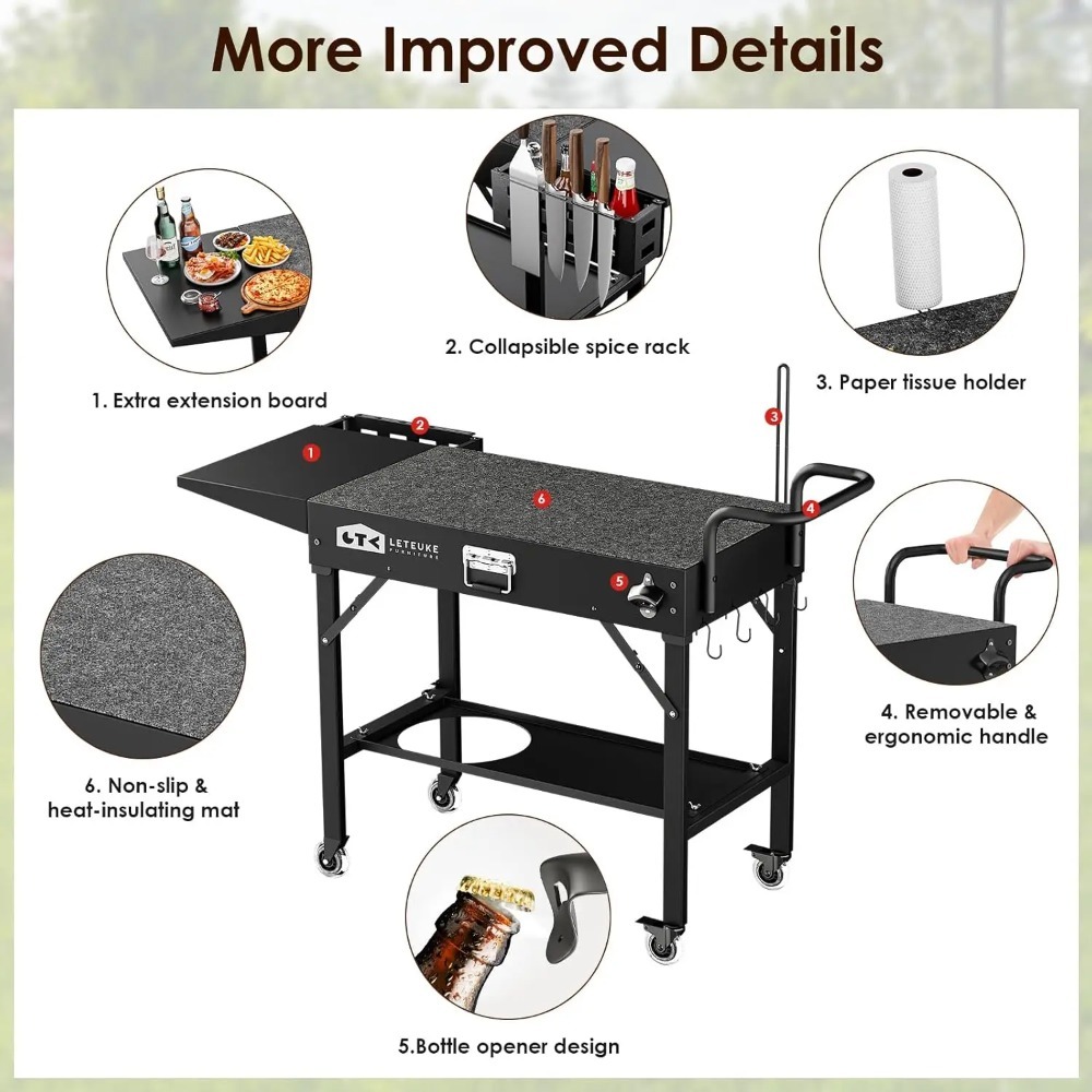 Carrito de parrilla portátil para exteriores con ruedas, mesa plegable para planchas de 17 a 22 pulgadas, estación de preparación de barbacoa con bandeja para condimentos