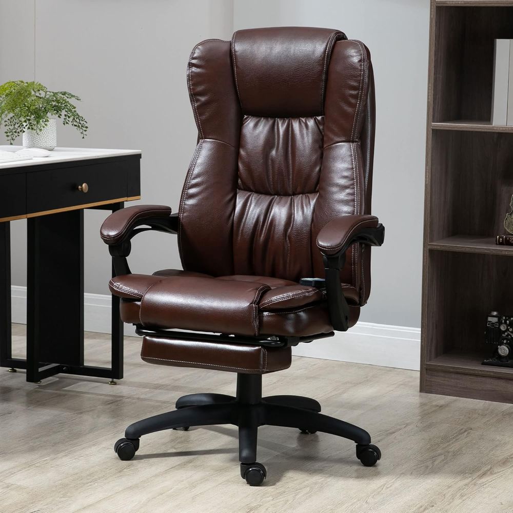 Silla de oficina de masaje de respaldo alto en color marrón, con vibración de 6 puntos y respaldo reclinable.