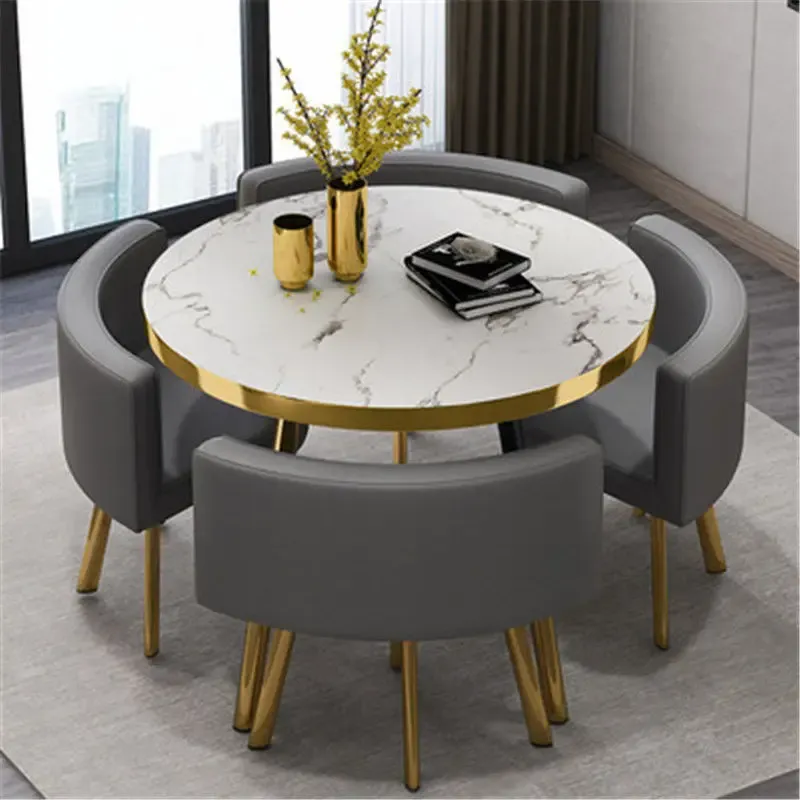 Juego de mesa de comedor redonda de mármol de 80 cm con 4 sillas, mesa central moderna de madera, muebles de apartamento blancos de lujo