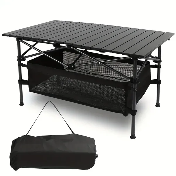 Mesa de playa enrollable ultracompacta, portátil y liviana con amplio espacio de almacenamiento y bolsa de transporte, ideal para acampar, hacer picnics y viajar.