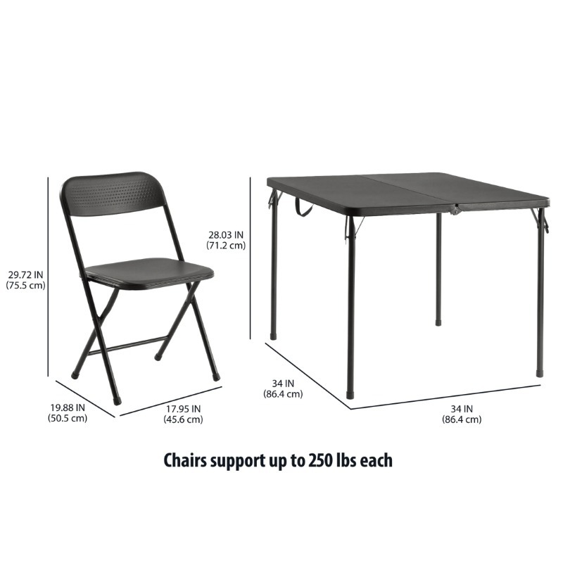 Juego de mesa plegable de resina de 5 piezas y cuatro sillas plegables Mainstays, color negro