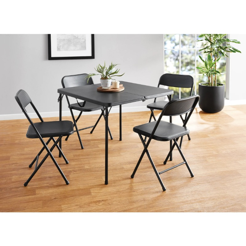 Juego de mesa plegable de resina de 5 piezas y cuatro sillas plegables Mainstays, color negro