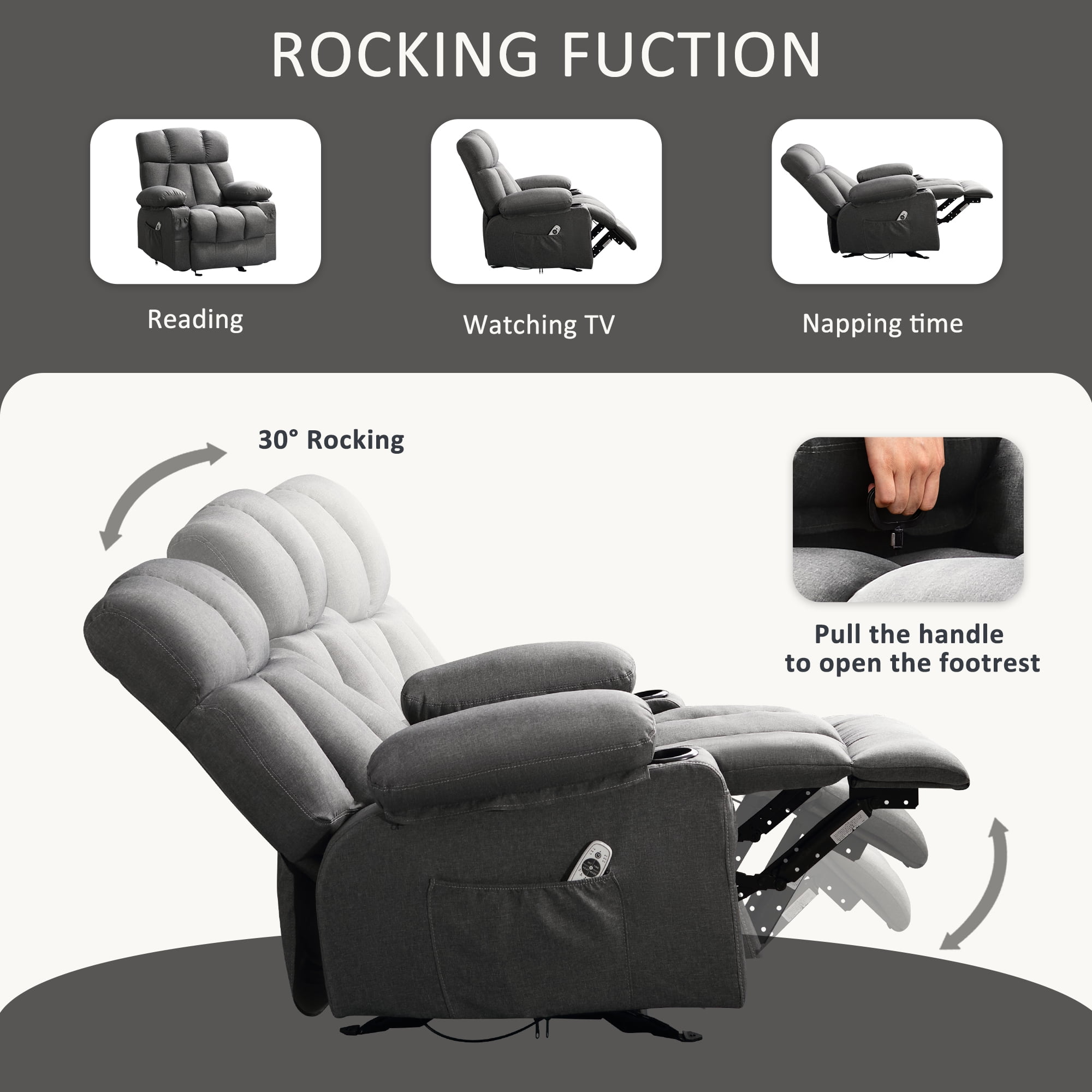 Sillón reclinable manual con terapia de calor y función de masaje, sillón de masaje con mecanismo reclinable de alta resistencia