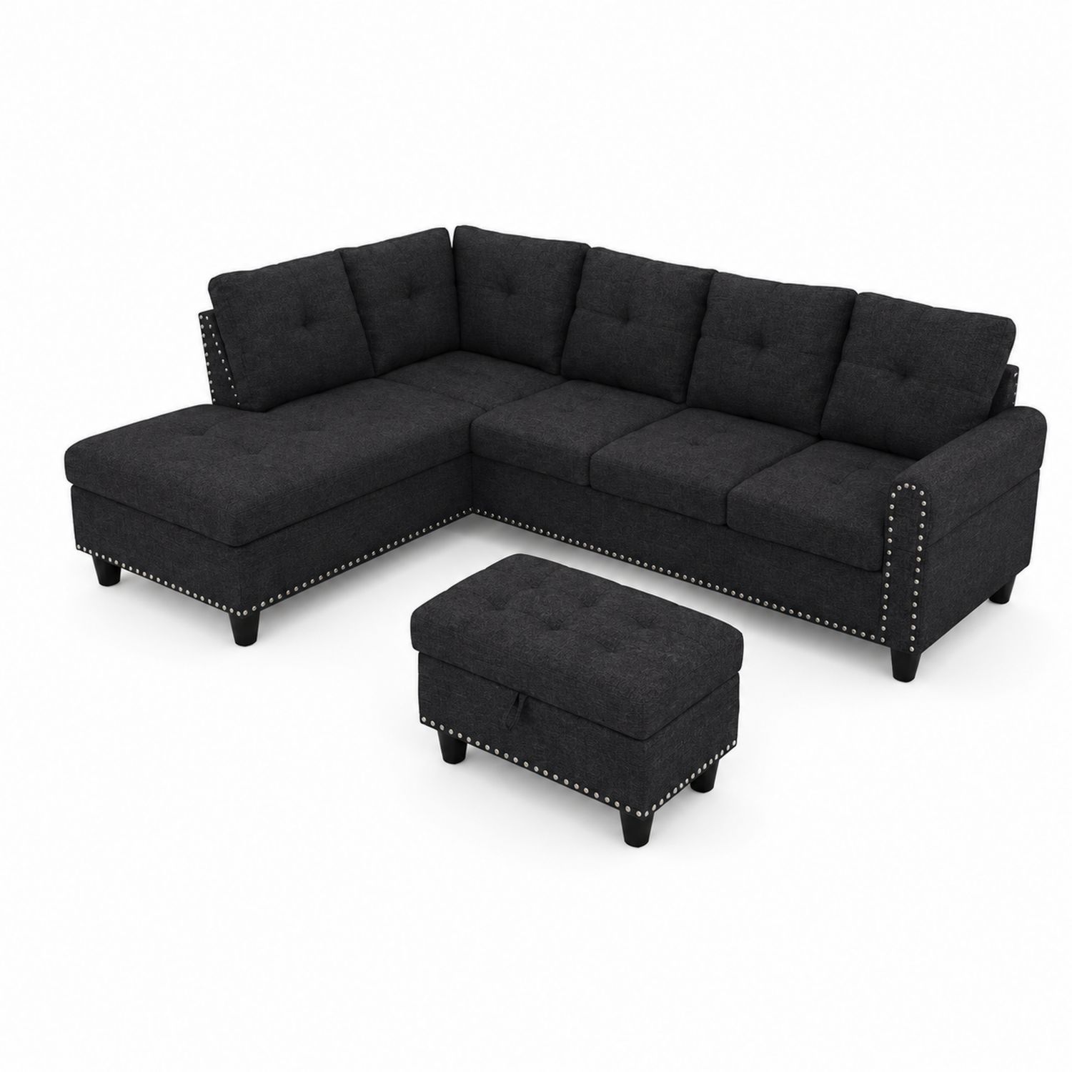 Ecksofa L-Form mit Hocker Holzrahmen Stoff Dunkelgrau
