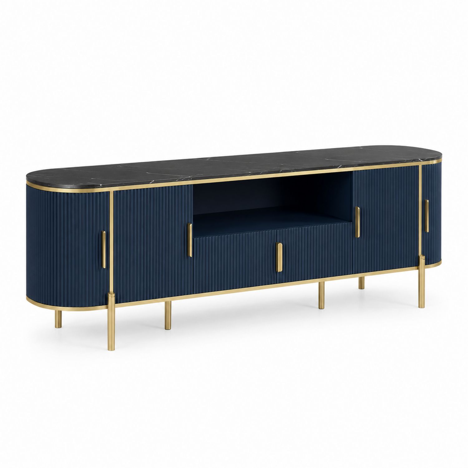 TV-Schrank mit Kunstmarmor-Oberfläche und Metallrahmen Blau/Gold