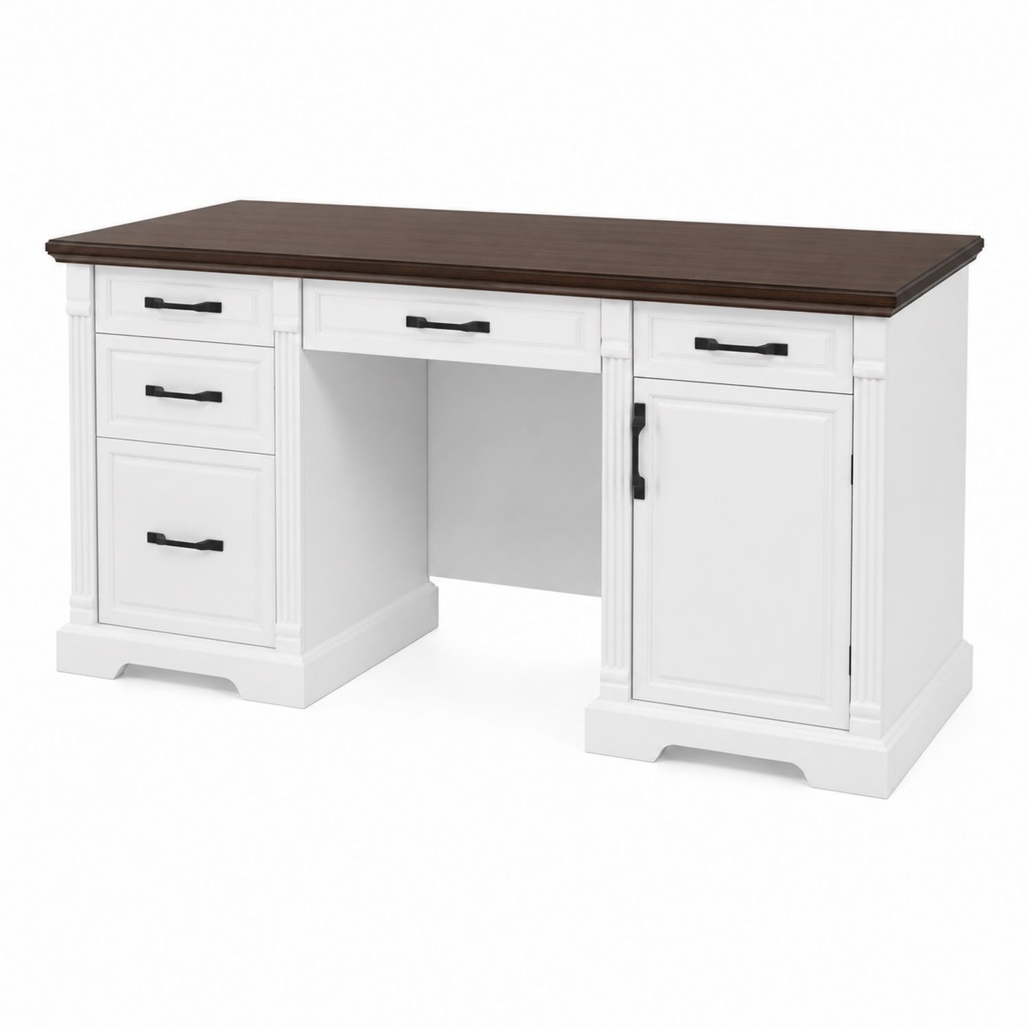 Schreibtisch aus Holz Weiß/Braun mit 4 Schubladen und 1 Tür