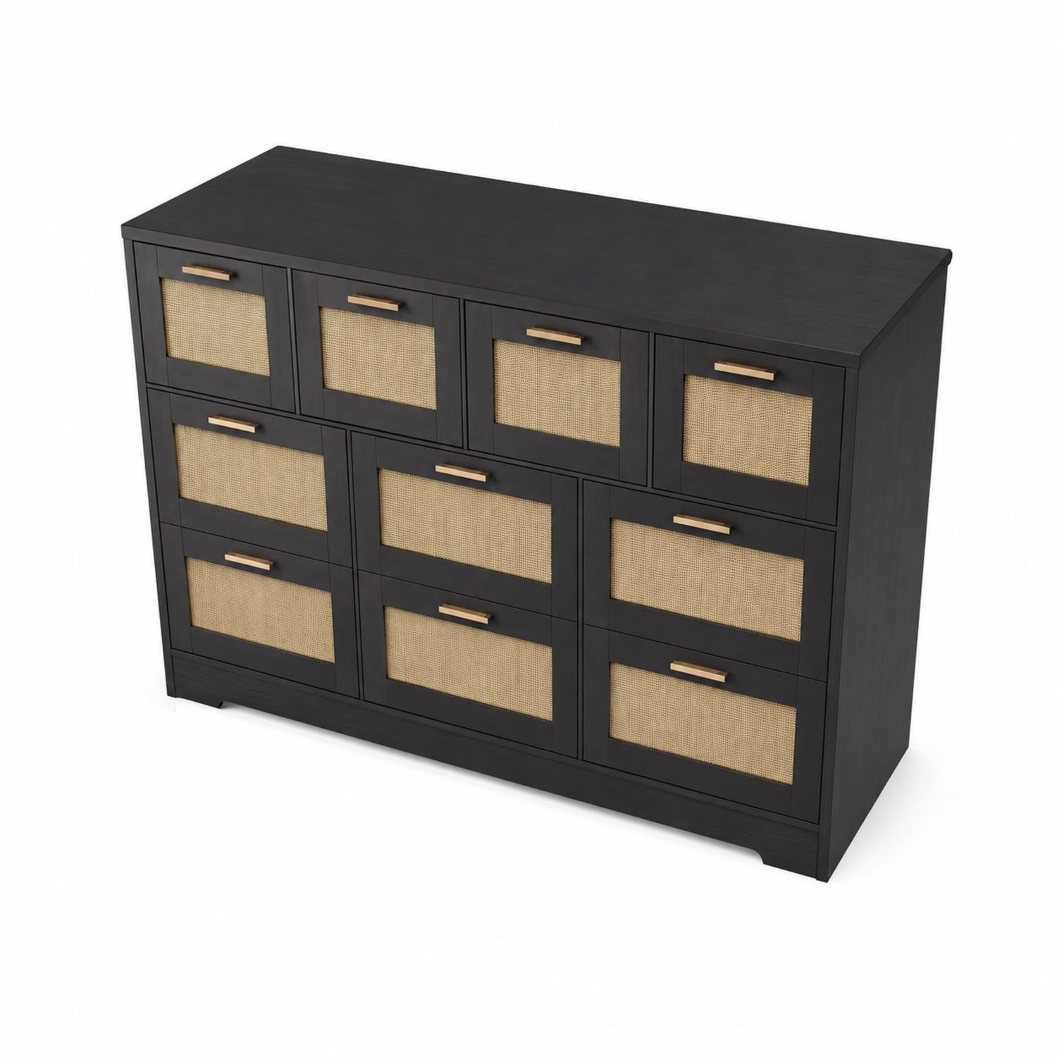 Kommode 9 Schubladen Holz Metallgeflecht Schwarz/Natur