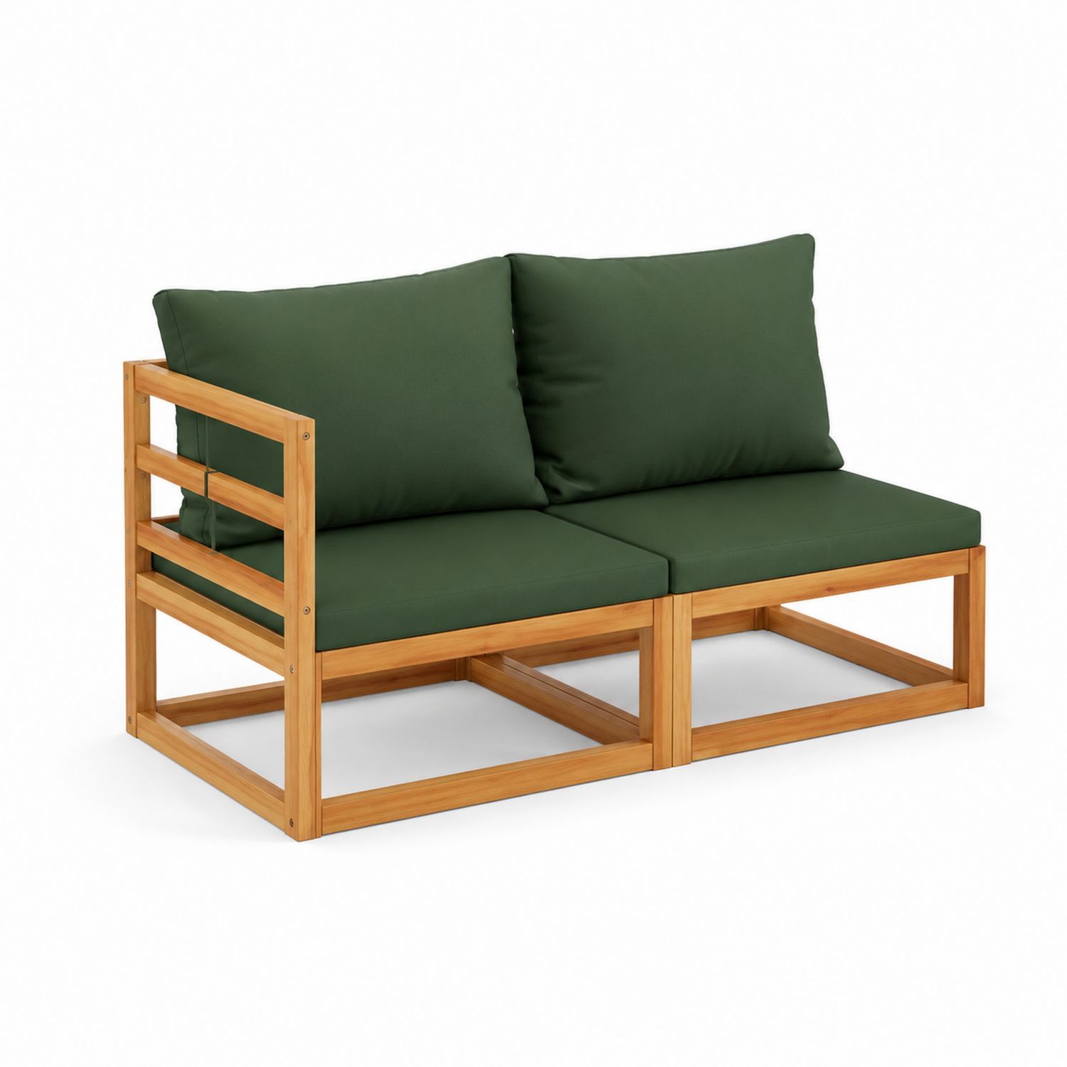 Holzecksofa mit dunkelgrünen Kissen, 120 cm