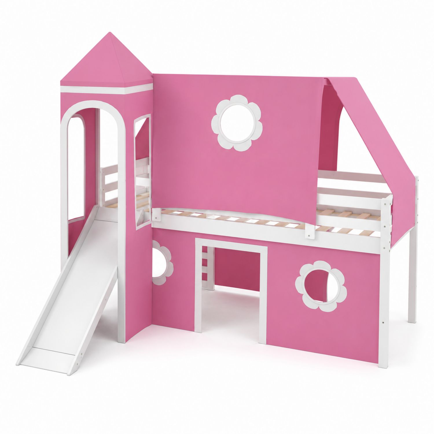 Kinder Hochbett mit Rutsche und Turm, Kiefer, Rosa/Weiß