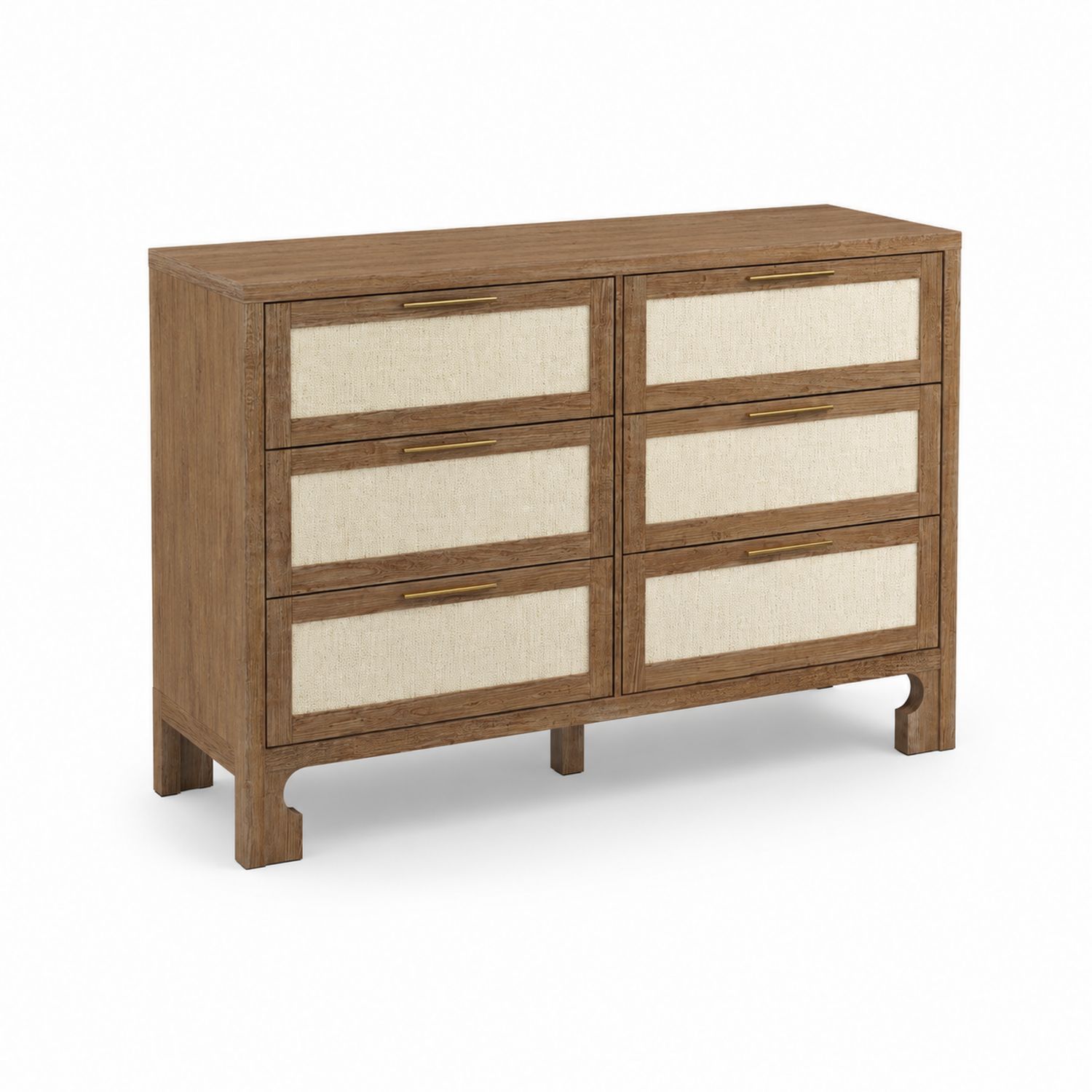 Kommode aus Eichenholz und Leinen mit 6 Schubladen, Beige und Braun