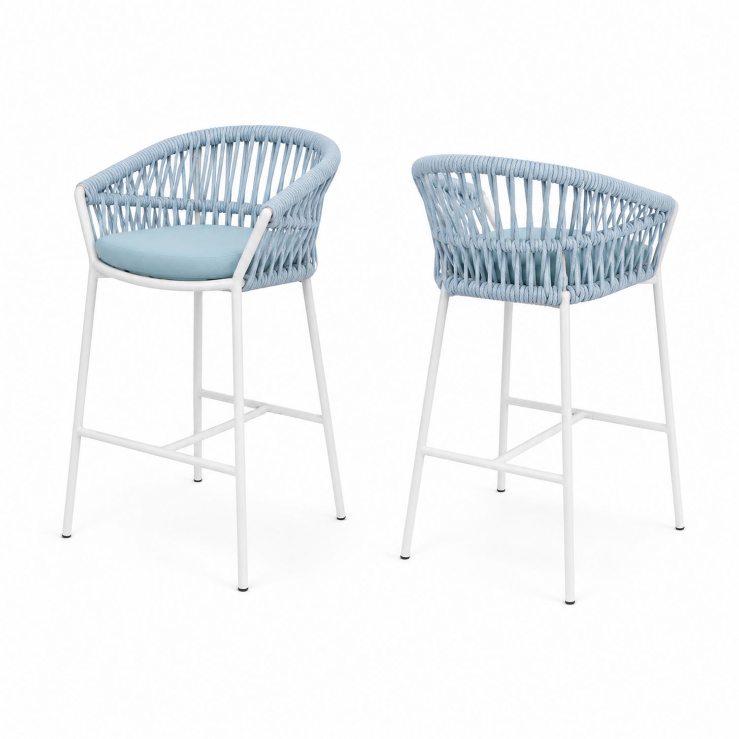 2er-Set Barhocker Outdoor mit Armlehnen aus Metall und Geflecht Hellblau