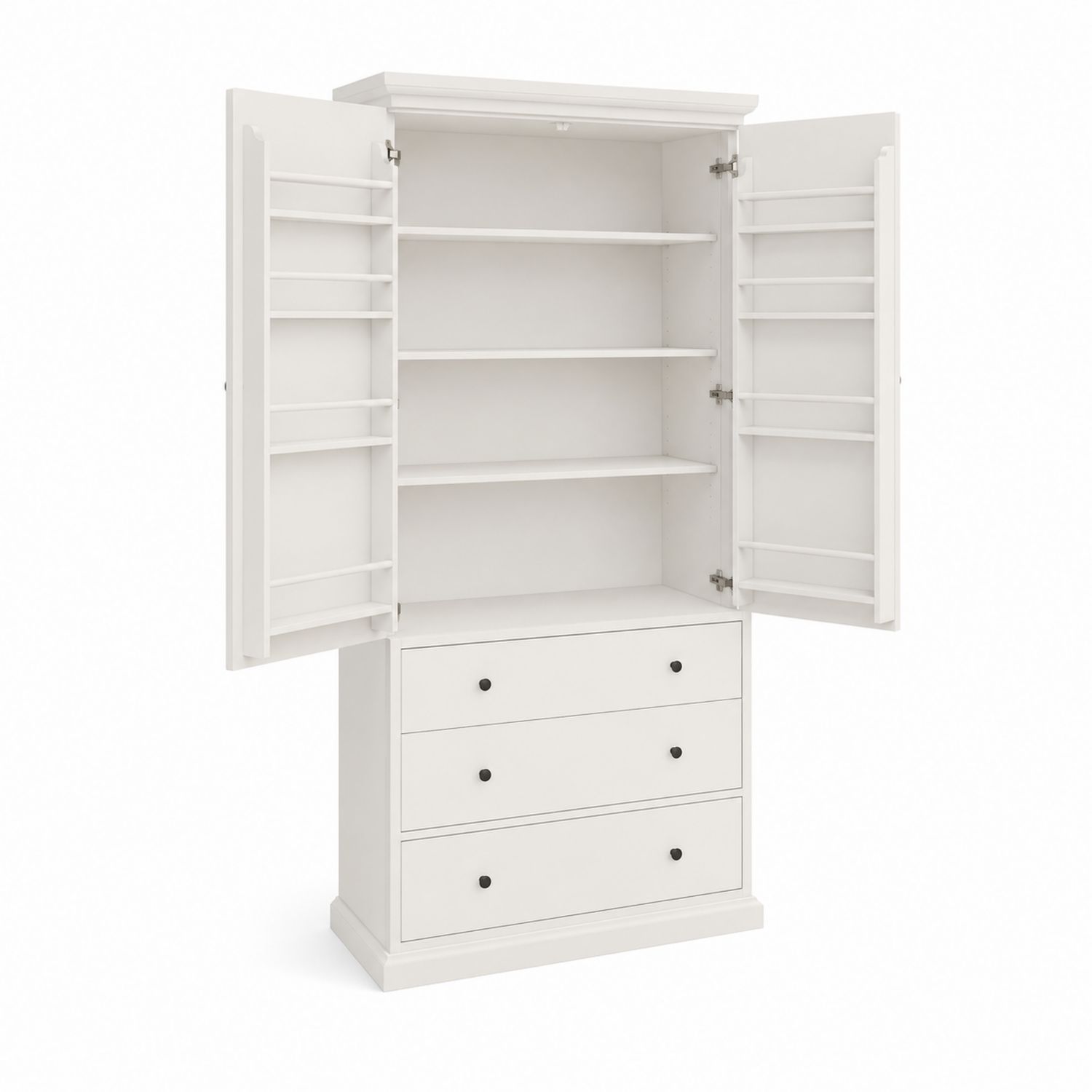 Weißer Holzschrank mit Türen und Schubladen