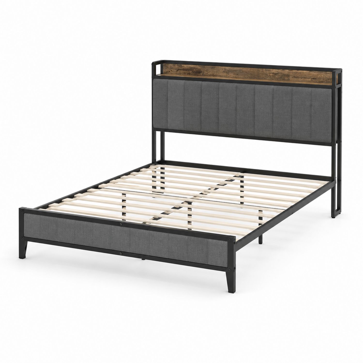Metallbett mit Stoffkopfteil und Holzdetails 200x140cm Grau/Schwarz