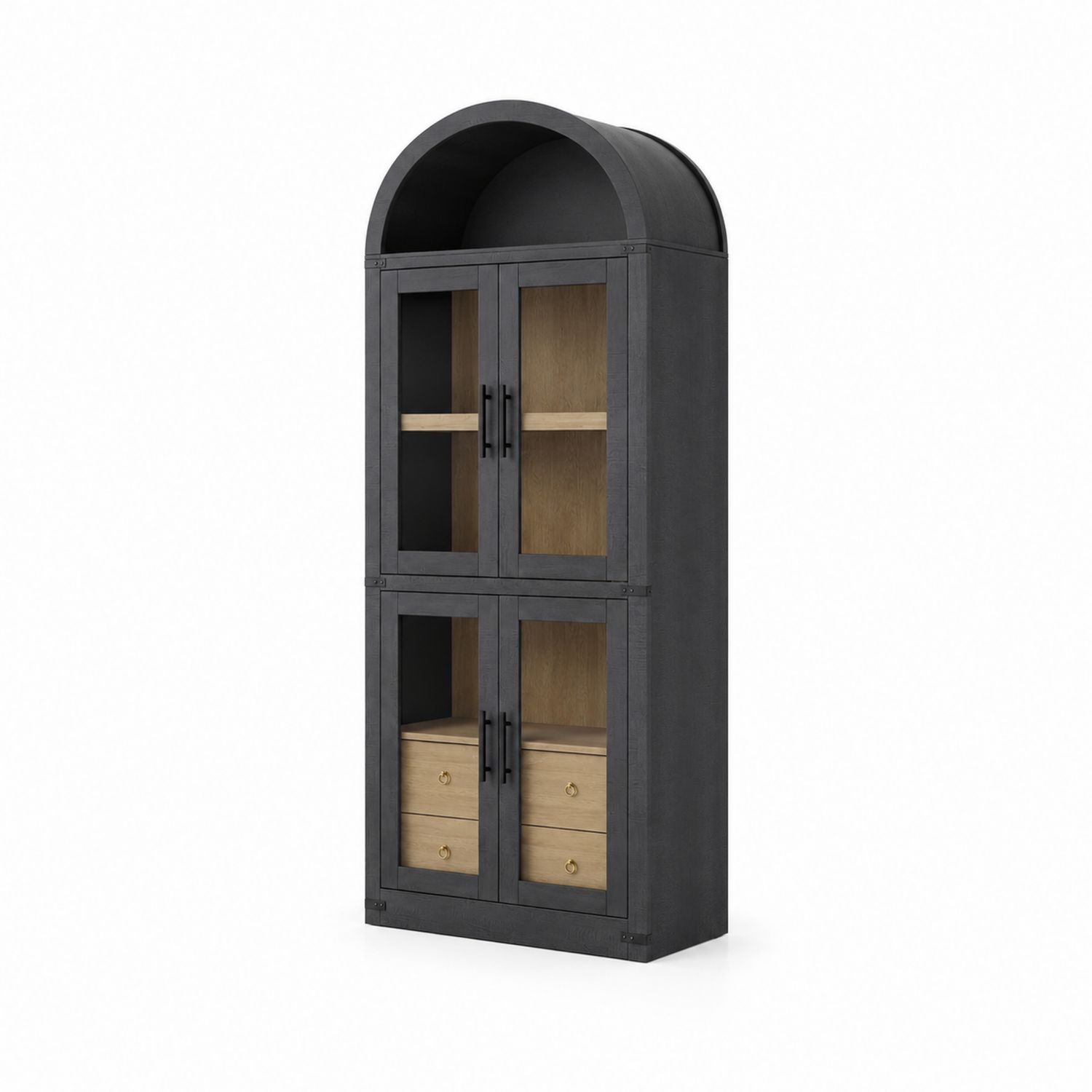Bücherregal mit Gewölbedach aus Metall, Eichenholz und gehärtetem Glas, Schwarz 210x90x40 cm