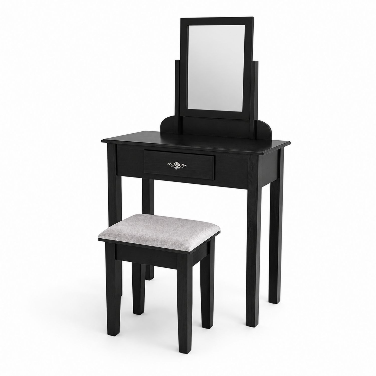 Schminktisch Set mit Spiegel und Hocker aus Holz in Schwarz