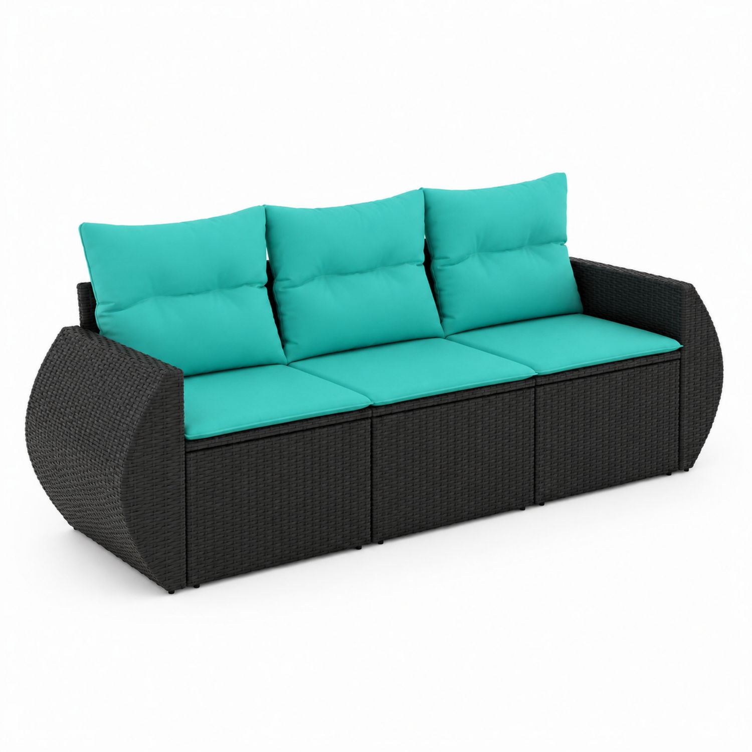 3-Sitzer Sofa aus Polyrattan Schwarz mit Polyesterkissen Türkis