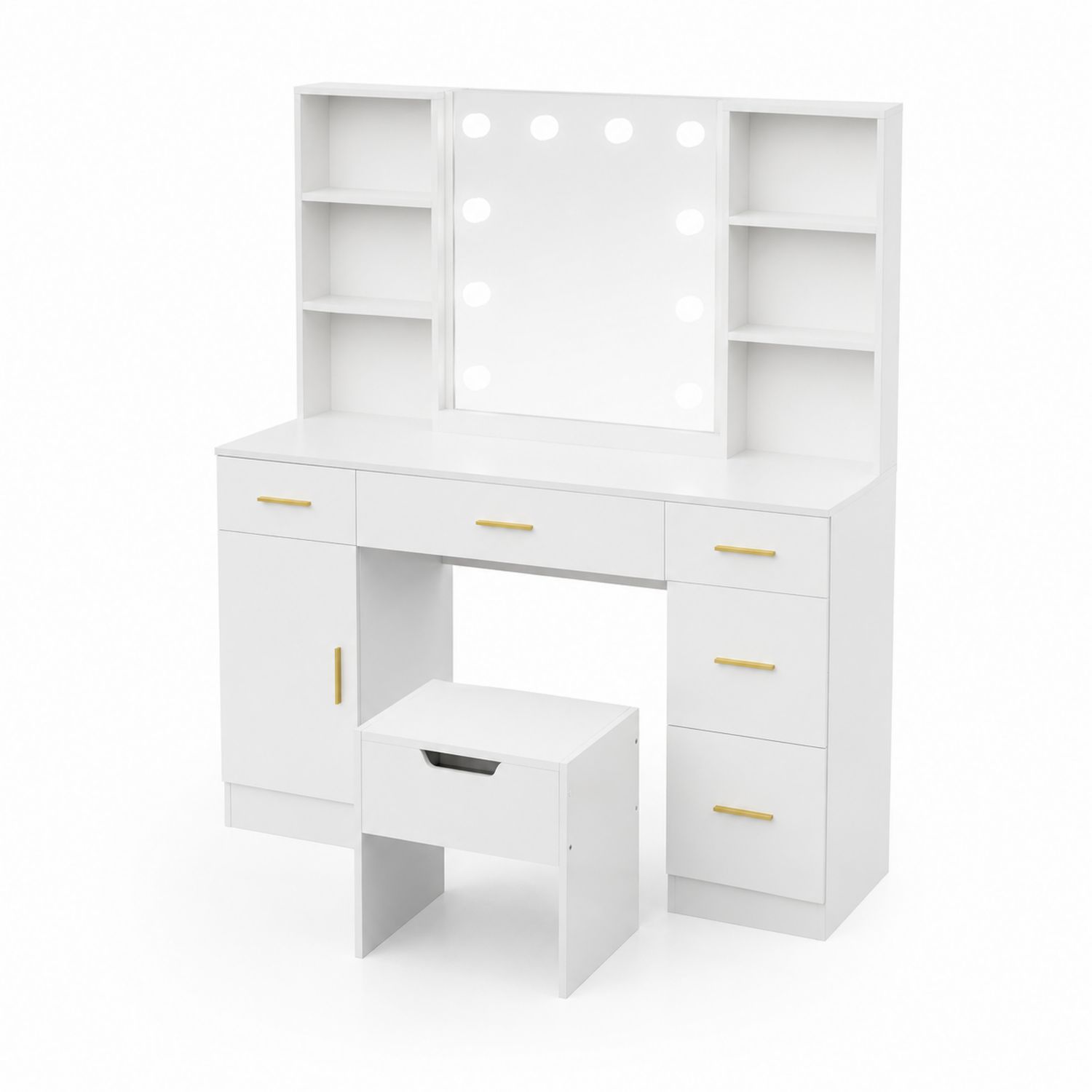 Schminktisch-Set mit LED-Spiegel und Hocker Weiß Holz