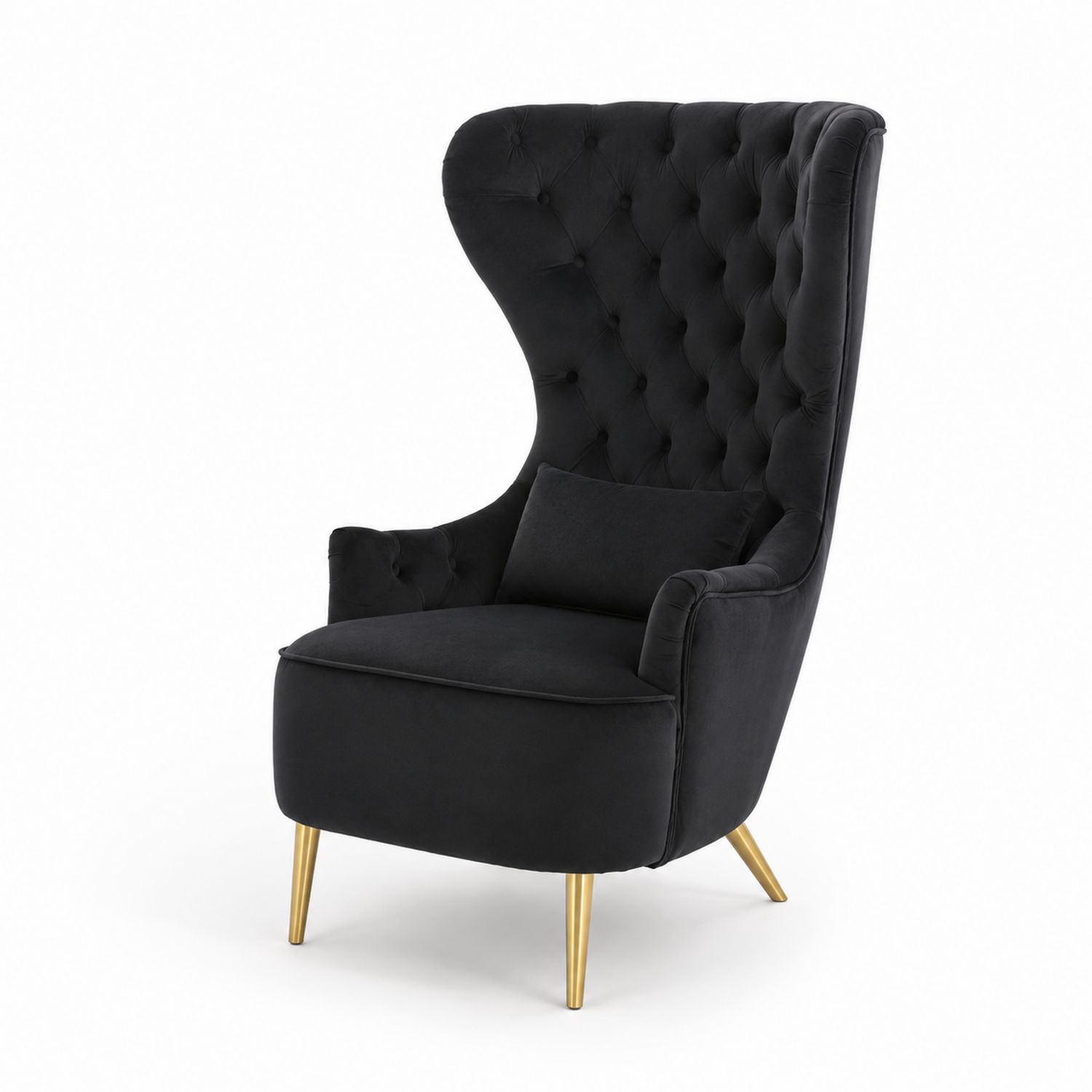 Samt-Ohrenbackensessel mit Metallbeinen in Schwarz und Gold
