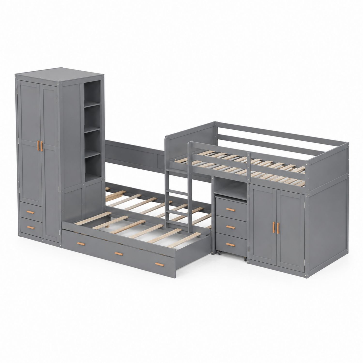 Kinder-Etagenbett mit Schrank und Stauraum Holz Grau 90x200 cm
