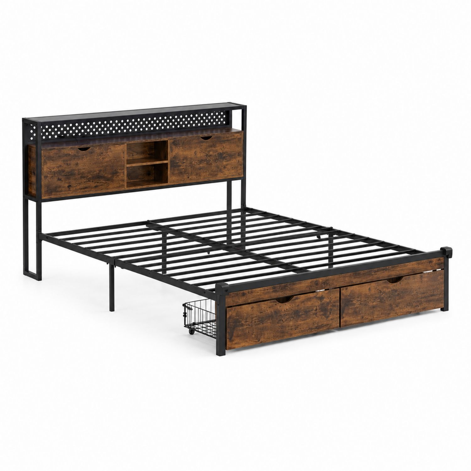 Metall-Holzbett mit Kopfteil und Schubladen 200x160 cm