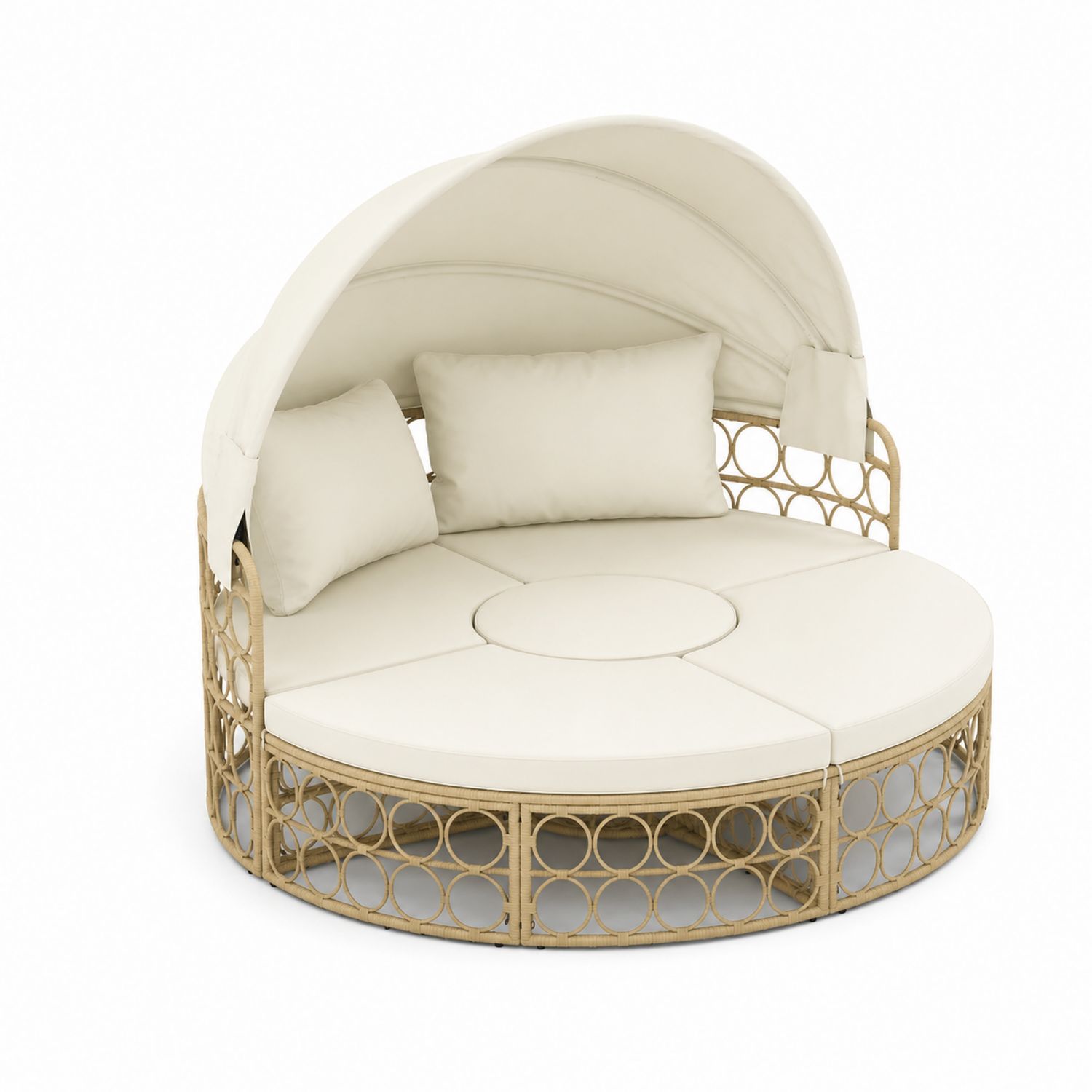 Rundes Outdoor Rattanbett mit Sonnenschutz, Beige