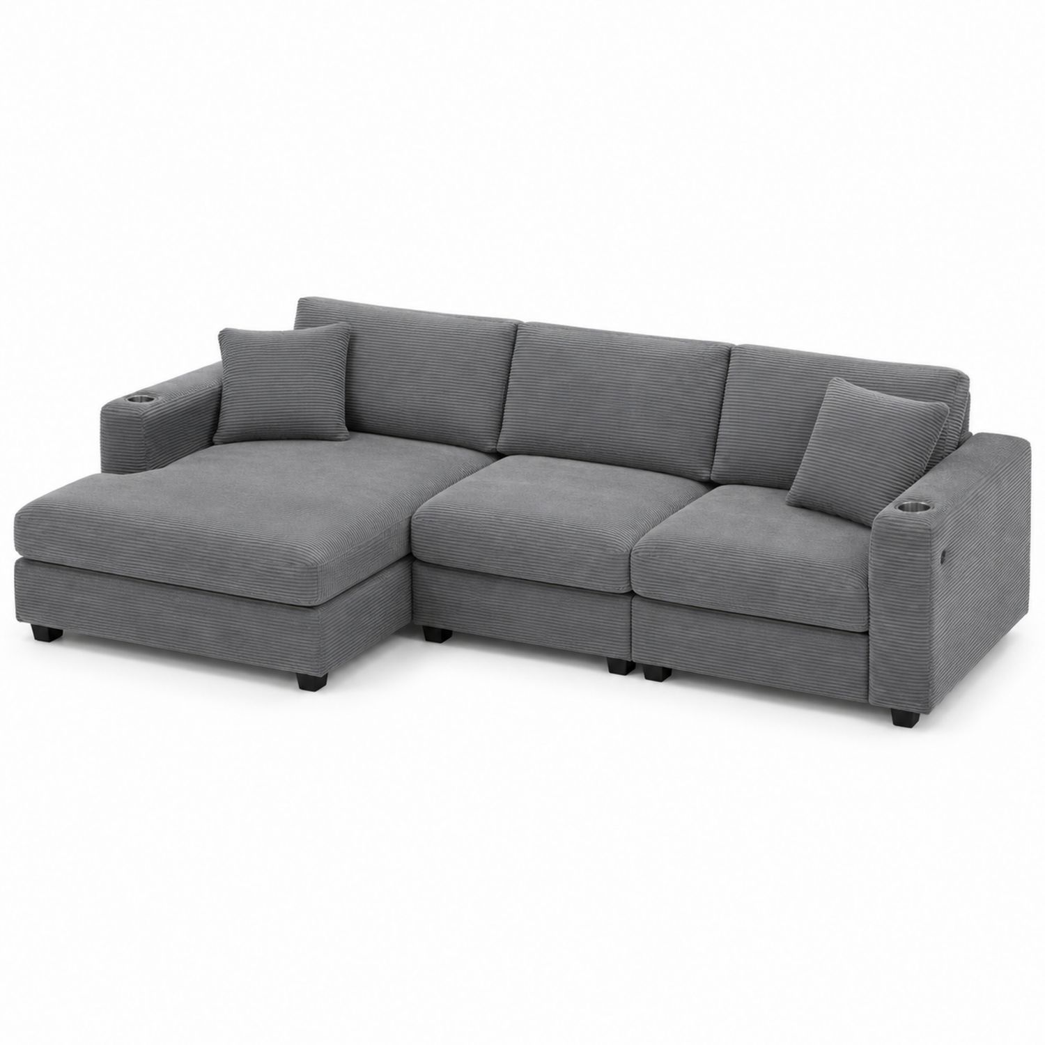 Ecksofa mit Ottomane 3-Sitzer Cord Grau