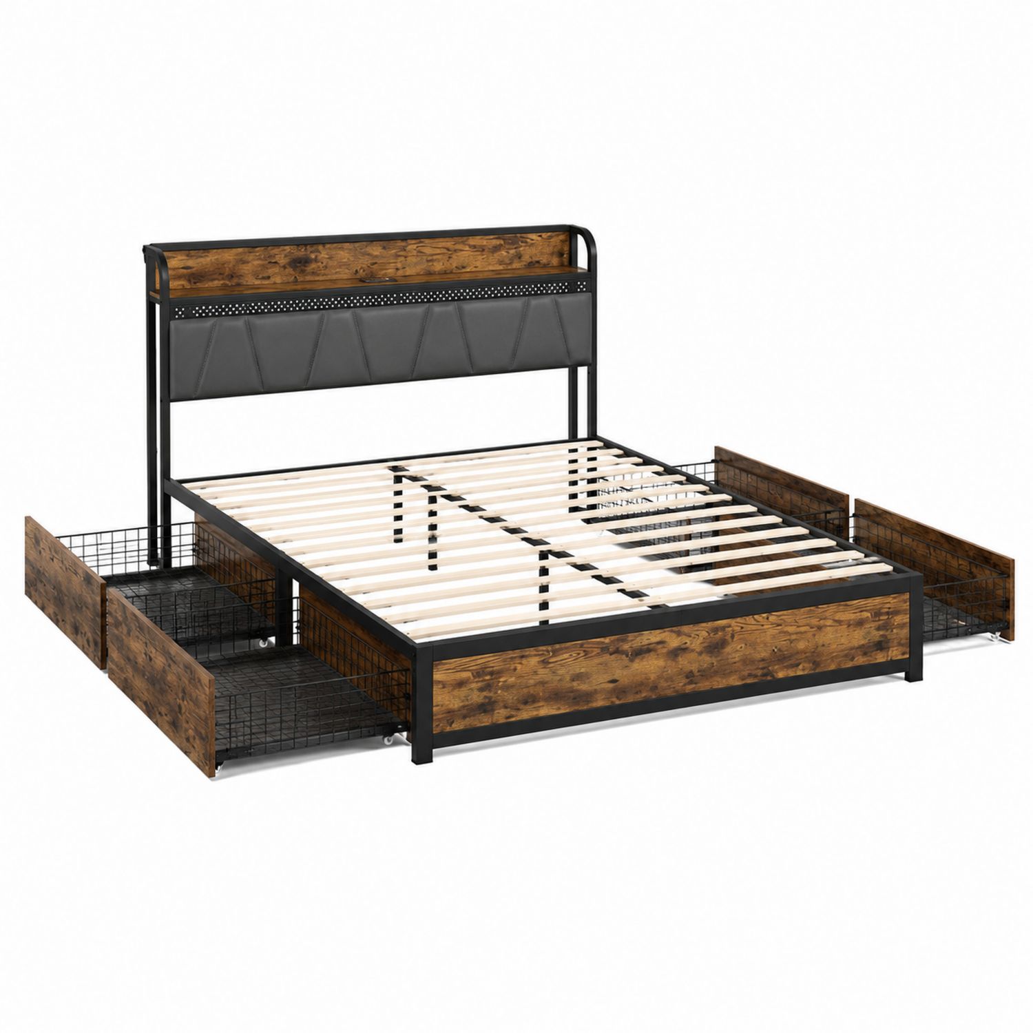 Bett aus Metall mit Kopfteil und Schubladen 200x160 cm Schwarz/Braun