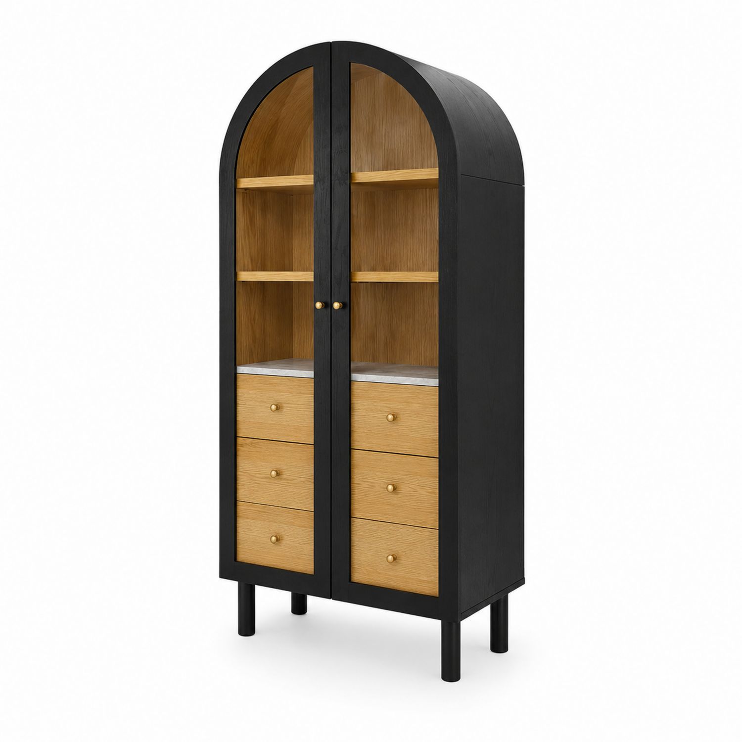 Schrank aus Eichenholz mit Glastüren und Schubladen, Schwarz/Natur
