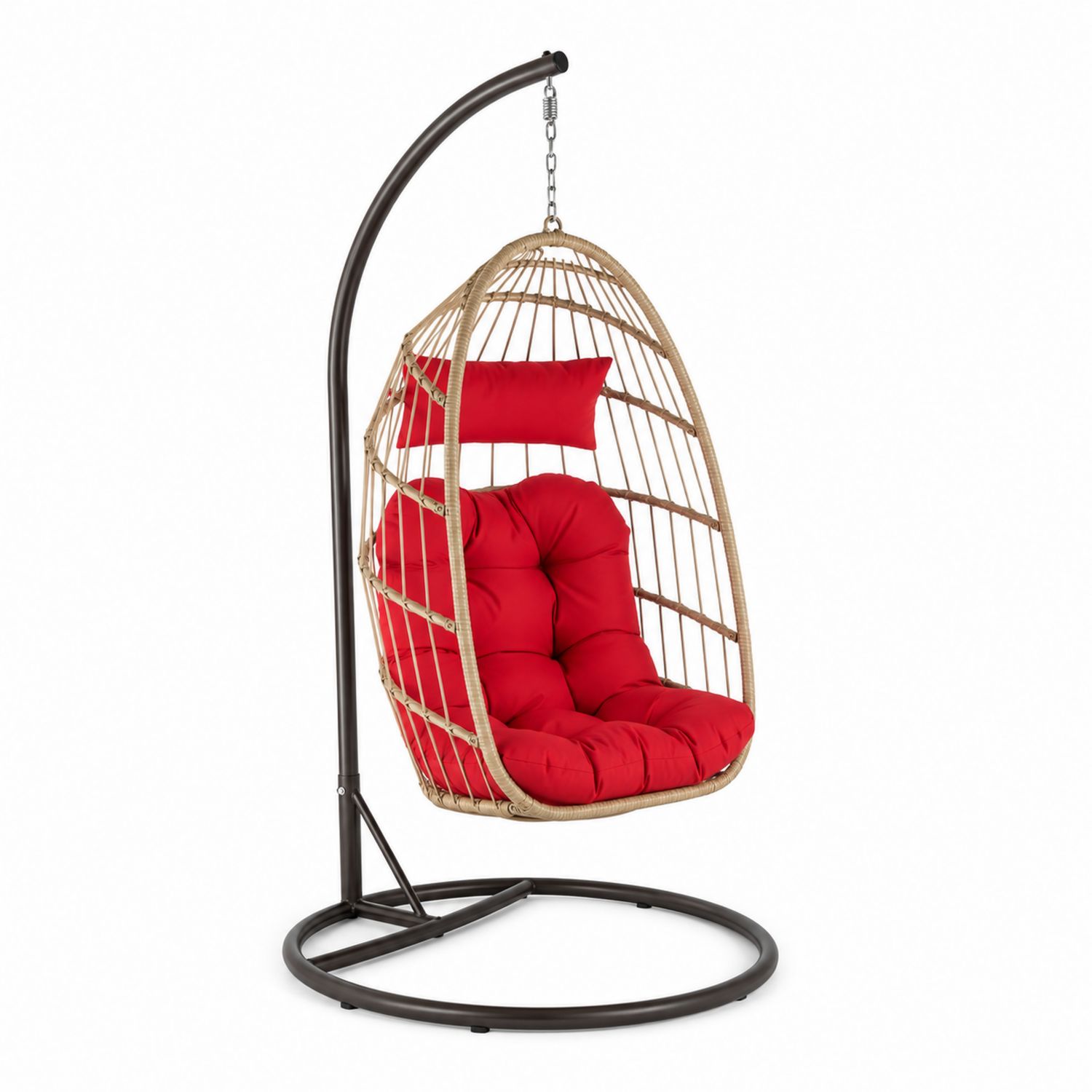 Rattan-Hängesessel mit Stahlrahmen und roten Kissen