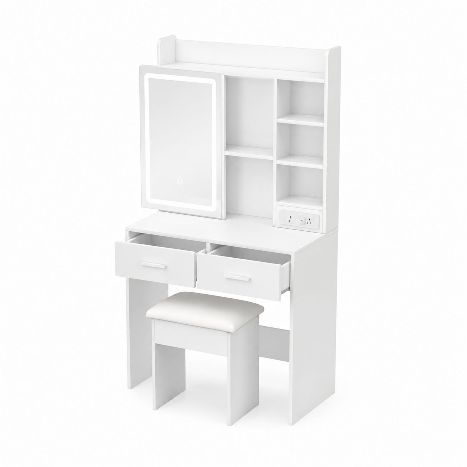 Weiße MDF Schminktisch Set mit LED Spiegel und Hocker