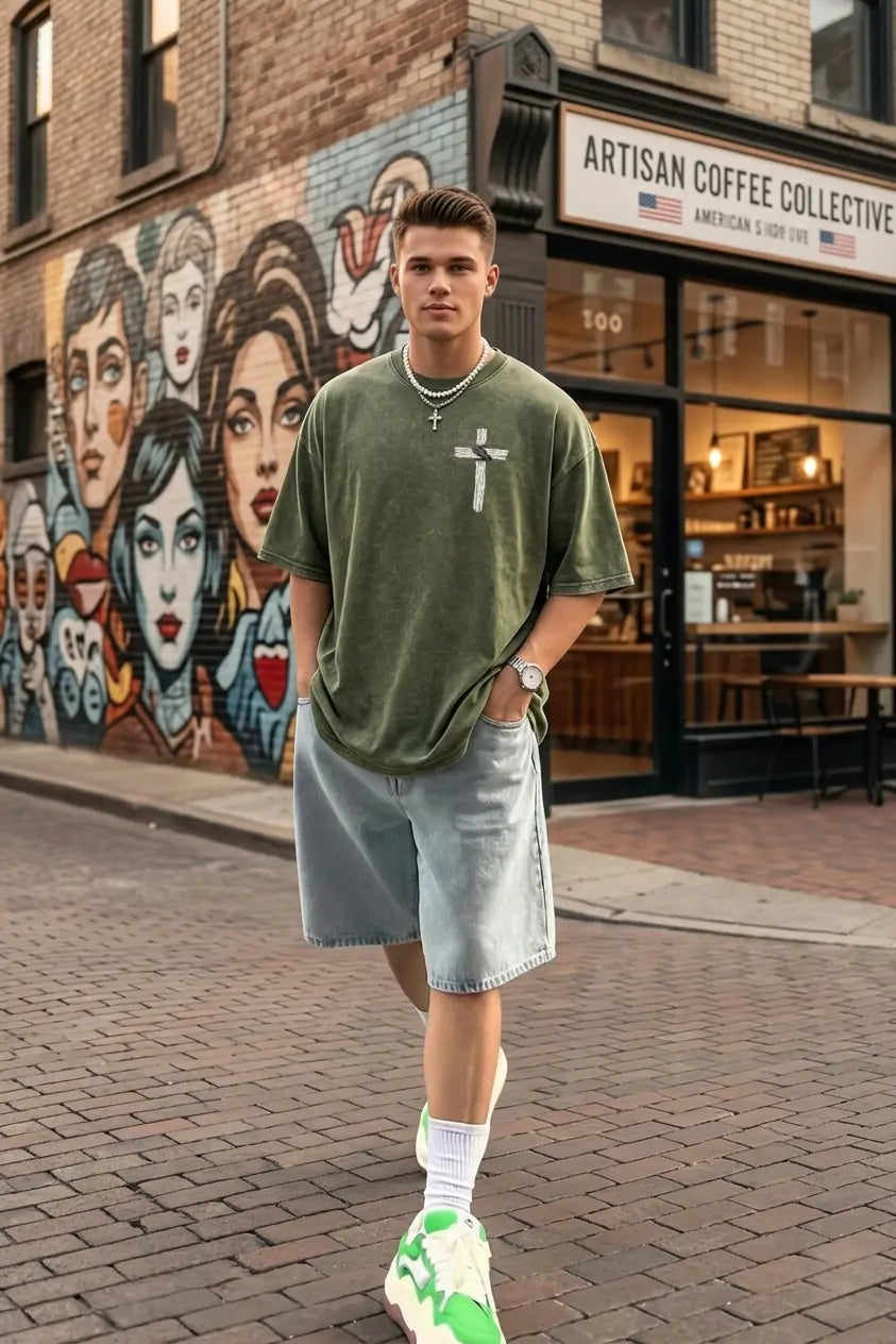 T-Shirt mit Faith-Cross-Grafik und Waschung PT480