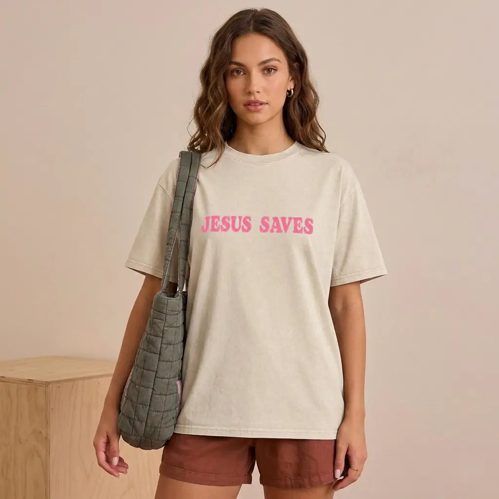 Unisex-T-Shirt mit „Jesus Saves“-Grafik und Waschung (PT481)