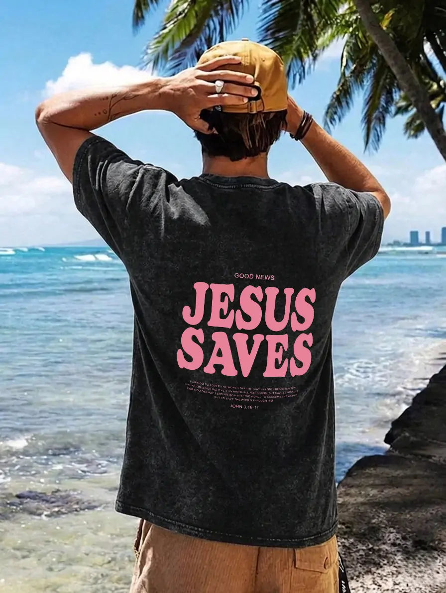 Unisex-T-Shirt mit „Jesus Saves“-Grafik und Waschung (PT481)
